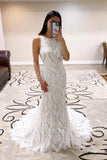 Beautiful Sheath Lace Open Back Wedding Dresses With Train, Bridal Gown, PW294