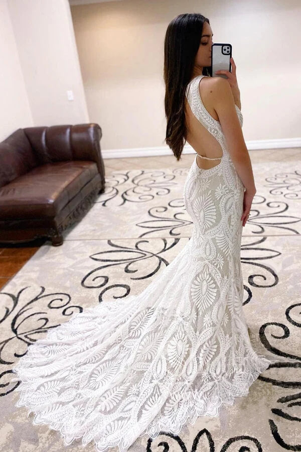 Beautiful Sheath Lace Open Back Wedding Dresses With Train, Bridal Gown, PW294 | beach wedding dresses | vintage wedding dresses | bridal outfit | promnova.com