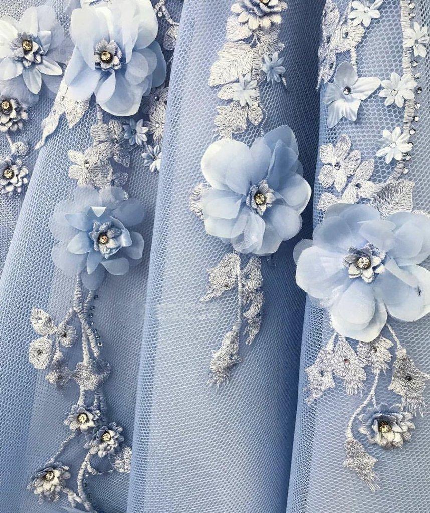 Beautiful Sky Blue Satin Off Shoulder Flower Appliques Long Prom Dresses PL366