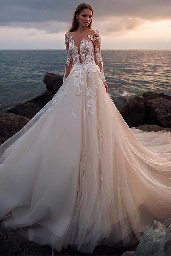 Tulle A Line Lace Long Sleeves Beach Wedding Dresses, PW314 | Promnova Tulle A Line Lace Long Sleeves Beach Wedding Dresses, PW314 | Promnova