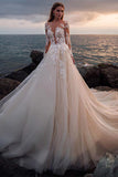 Beautiful Tulle A Line Lace Appliques Long Sleeves Beach Wedding Dresses, PW314