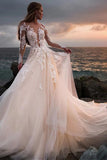 Beautiful Tulle A Line Lace Appliques Long Sleeves Beach Wedding Dresses, PW314 | cheap lace wedding dresses | vintage wedding dresses | wedding dresses online | promnova.com