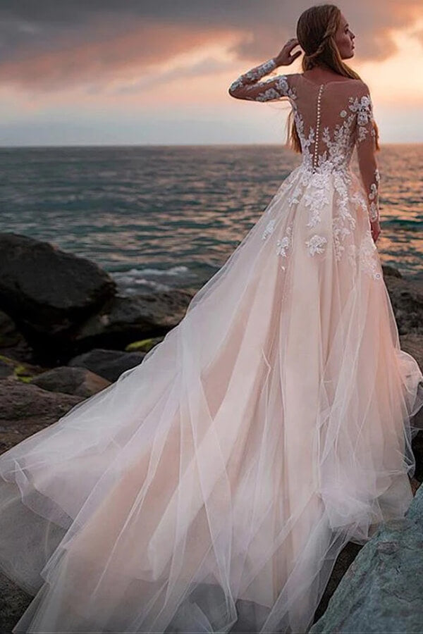 Beautiful Tulle A Line Lace Appliques Long Sleeves Beach Wedding Dresses, PW314 | beach wedding dresses | wedding gown | bridal outfit | promnova.com