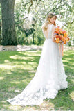  Beautiful White Tulle A Line V Neck Beach Wedding Dresses With Flowers, PW313 | vintage wedding dresses | white   wedding dresses | wedding gowns | promnova.com