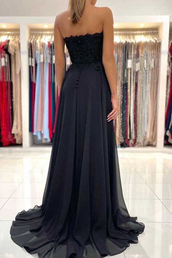 Black Chiffon Lace Long Prom Dresses, A-Line Strapless Evening Dresses US 12 / Custom Color Black Chiffon Lace Long Prom Dresses, A-Line Strapless Evening Dresses US 12 / Custom Color