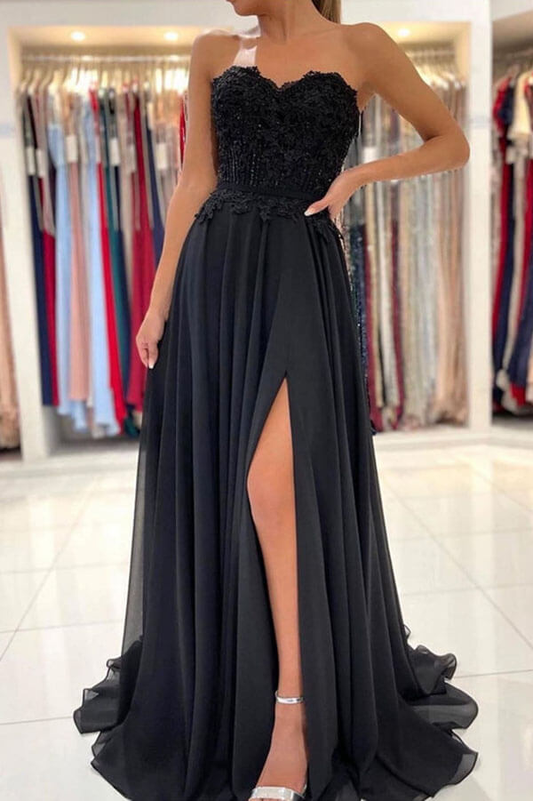 Black A Line Strapless Sweetheart Prom Dresses With Slit, Evening Dresses, PL502 | lace prom dresses | a line prom dress | evening gown | promnova.com