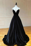 Black A Line V Neck Spaghetti Straps Long Prom Dresses, Evening Dress, PL489