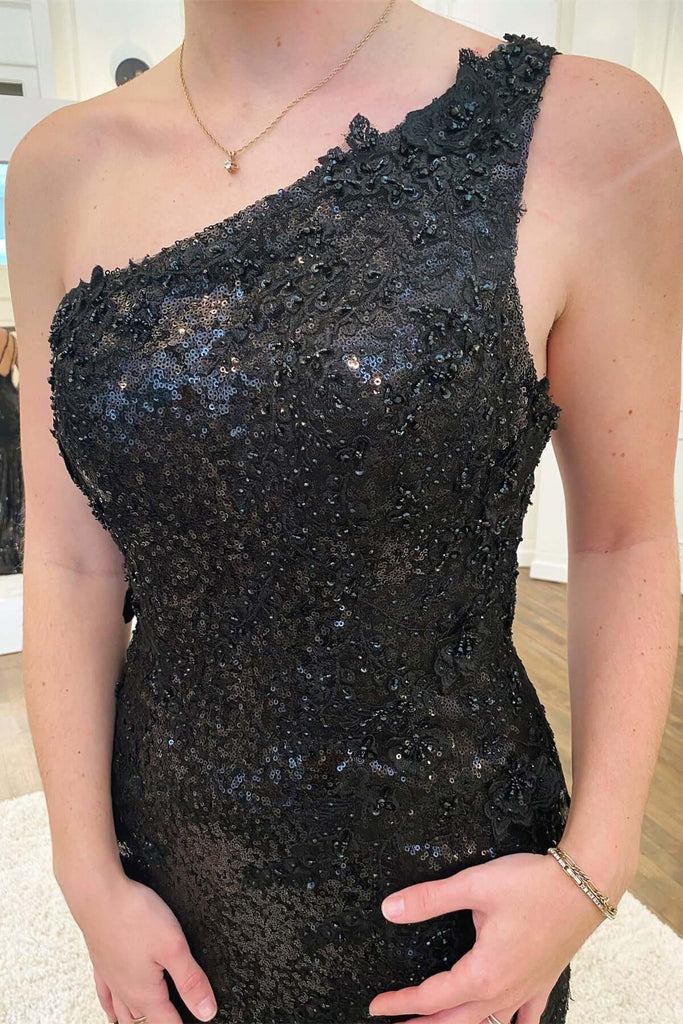 Black Lace Sequins Mermaid Long Prom Dresses With Slit, Evening Gown, PL431 | long formal dresses | evening dresses | party dresses | promnova.com