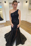 Black Lace Sequins Mermaid Long Prom Dresses With Slit, Evening Gown, PL431