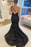 Black Lace Sequins Mermaid Long Prom Dresses With Slit, Evening Gown, PL431 | long prom dresses | lace prom dresses | sequins prom dresses | promnova.com