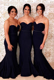 Black Mermaid Stretchy Satin Sweetheart Sweep Train Long Bridesmaid Dresses, PB154