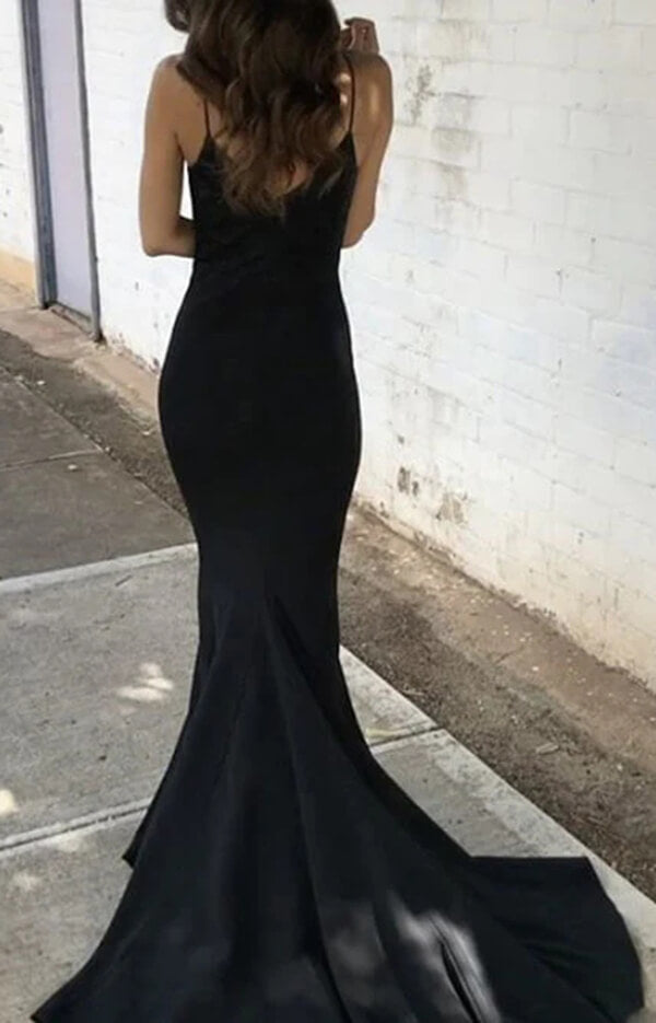 Mermaid Spaghetti Straps Sweep Train Black Stretch Satin Prom Dress US8 / Custom Color Mermaid Spaghetti Straps Sweep Train Black Stretch Satin Prom Dress US8 / Custom Color