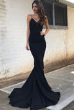 Black Mermaid V Neck Spaghetti Straps Long Prom Dresses, Party Dresses, PL558