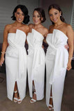 White Pleat Satin Sheath Strapless Tea Length Bridesmaid Dresses With Slit, PB140 | junior bridesmaid dresses | maid of honor's dresses | wedding parties | promnova.com