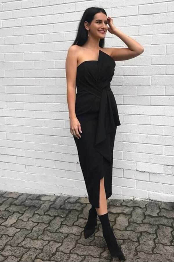 Black Elegant Bridesmaid Dresses for Women Sheath/Column Strapless Sleeveless Tea-Length Ruched Formal Geust Evening Gowns, Black Black Elegant Bridesmaid Dresses for Women Sheath/Column Strapless Sleeveless Tea-Length Ruched Formal Geust Evening Gowns, Black