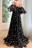 Black Tulle A-line Short Sleeves Side Split Prom Dresses, Evening Gown, PL528 | short sleeves prom dress | long formal dresses | evening dresses | promnova.com