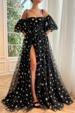 Black Tulle A-line Short Sleeves Side Split Prom Dresses, Evening Gown, PL528