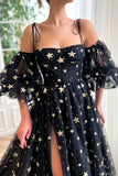 Black Tulle A-line Short Sleeves Side Split Prom Dresses, Evening Gown, PL528 | prom dresses stores | prom dresses near me | party dresses | promnova.com