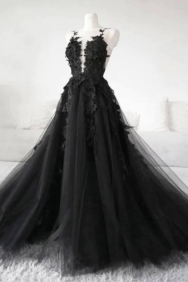 Black Tulle A-line V Neck Prom Dress With Lace Appliques, Evening Gown, PL476