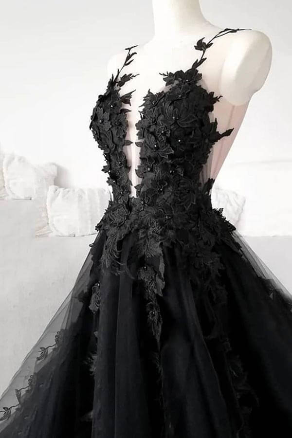 Black Tulle A-line Prom Dress With Lace Appliques PL476 | Promnova US2 / As Picture Black Tulle A-line Prom Dress With Lace Appliques PL476 | Promnova US2 / As Picture