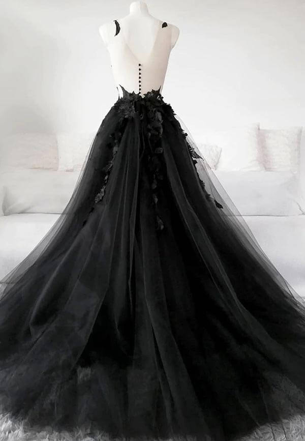 A-line V neck Black Prom Dress Long Sleeve Lace Applique Tulle Evening –  SELINADRESS