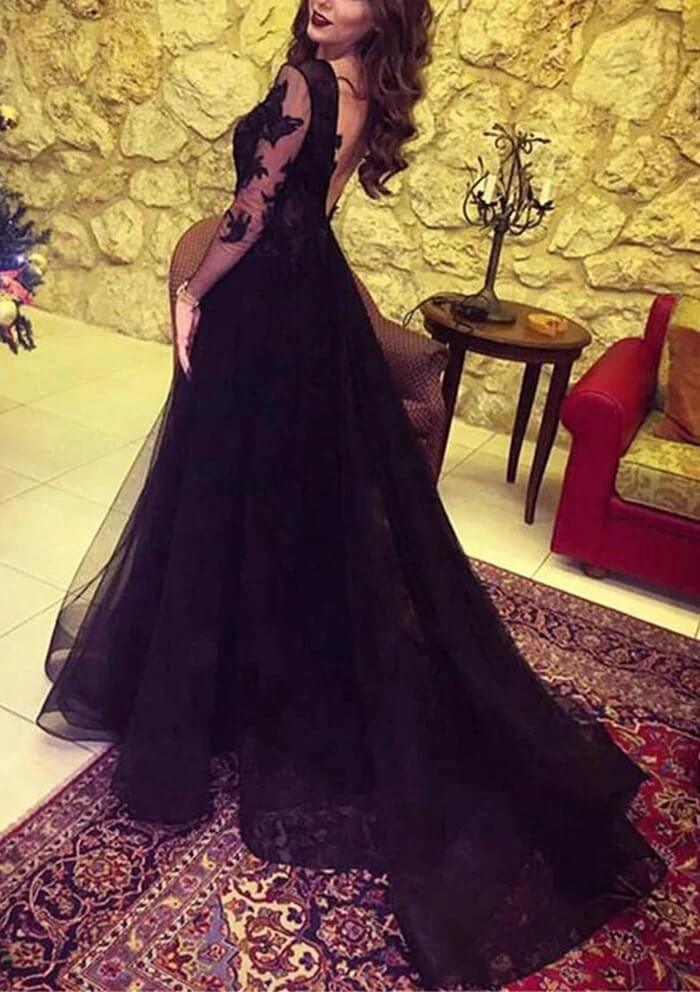 Black Tulle A Line Long Sleeves Lace Prom Dresses PL470 | Promnova Black Tulle A Line Long Sleeves Lace Prom Dresses PL470 | Promnova