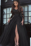  Black Tulle A Line Long Sleeves Lace Prom Dresses With Side Slit, PL470 | black prom dresses | a line prom dress | evening gown | promnova.com