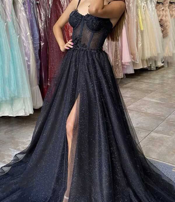 Black Tulle A Line Sweetheart Prom Dresses with Split Pl420 | Promnova US10 / Custom Color Black Tulle A Line Sweetheart Prom Dresses with Split Pl420 | Promnova US10 / Custom Color