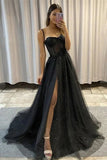 Black Tulle A Line Sweetheart Neck Prom Dresses With Split, Evening Gown, PL420