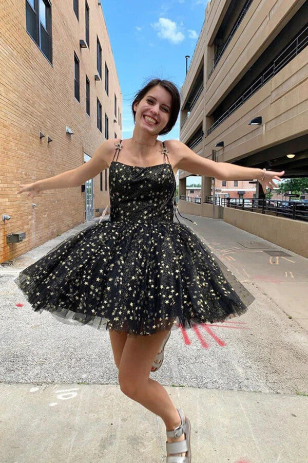 Black Tulle Spaghetti Straps Stars Homecoming Dresses, Short Prom Dress, PH408 | Promnova US14 / As Picture Black Tulle Spaghetti Straps Stars Homecoming Dresses, Short Prom Dress, PH408 | Promnova US14 / As Picture