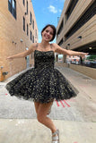 Black Tulle Spaghetti Straps Stars Homecoming Dresses, Short Prom Dress, PH408