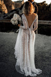 Bling A Line V Neck See-through Long Sleeves Sparkly Lace Wedding Dress, PW280 | see through wedding dress | vintage wedding dress | wedding gown | promnova.com