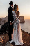 Bling A Line V Neck See-through Long Sleeves Sparkly Lace Wedding Dress, PW280 | cheap lace wedding dress | wedding dresses online | outdoor wedding dresses | promnova.com