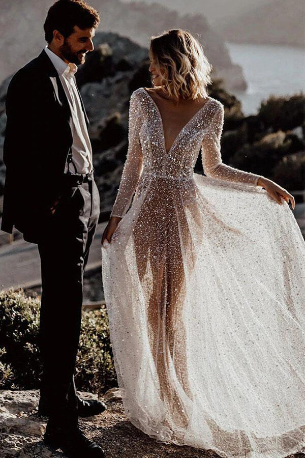 Bling A Line V Neck See-through Long Sleeves Sparkly Lace Wedding Dress, PW280 | wedding dresses stores | bohemian wedding dress | bridal outfit | promnova.com