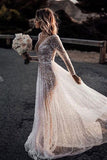 Bling A Line V Neck See-through Long Sleeves Sparkly Lace Wedding Dress, PW280
