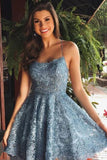 Blue A Line Lace Sleeveless Short Homecoming Dresses, Graduation Dress, PH378
