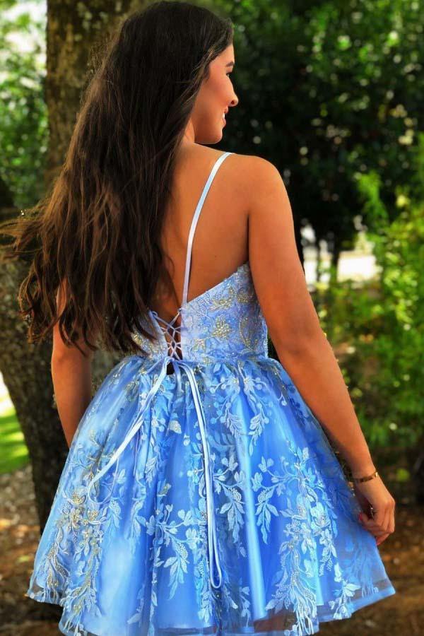 Blue A Line Spaghetti Straps Short Homecoming Dresses With Lace Appliques, PH373 | cheap homecoming dresses | a line homecoming dresses | school event dresses | short party dress | promnova.com