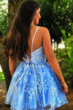 Blue A Line Spaghetti Straps Short Homecoming Dresses With Lace Appliques, PH373 | cheap homecoming dresses | a line homecoming dresses | school event dresses | short party dress | promnova.com