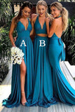 Blue A Line V Neck Bridesmaid Dresses With Side Slit, Wedding Guest Dress, PB126