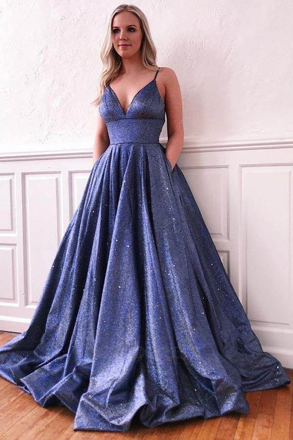 Blue A Line V Neck Spaghetti Straps Long Prom Dresses PL509 | Promnova Blue A Line V Neck Spaghetti Straps Long Prom Dresses PL509 | Promnova