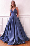 Blue A Line V Neck Spaghetti Straps Long Prom Dresses With Pockets, PL509