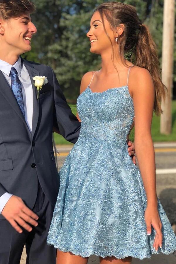 Blue Lace A Line Backless Cheap Homecoming Dresses, Short Prom Dresses, PH399 Blue Lace A Line Backless Cheap Homecoming Dresses, Short Prom Dresses, PH399