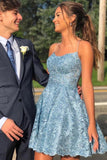 Blue Lace A Line Backless Cheap Homecoming Dresses, Short Prom Dresses, PH399