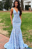 Blue Lace Mermaid Open Back V Neck Prom Dresses, Long Formal Dress, PL501