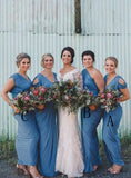 Blue Ruched Sheath V Neck Cold Shoulder Cheap Long Bridesmaid Dresses, PB145 | budget bridesmaid dresses | junior bridesmaid dresses | wedding party dresses | promnova.com