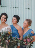 Blue Ruched Sheath V Neck Cold Shoulder Cheap Long Bridesmaid Dresses, PB145 | bridesmaid dresses online | wedding guest dresses | maid of honor's dresses | promnova.com