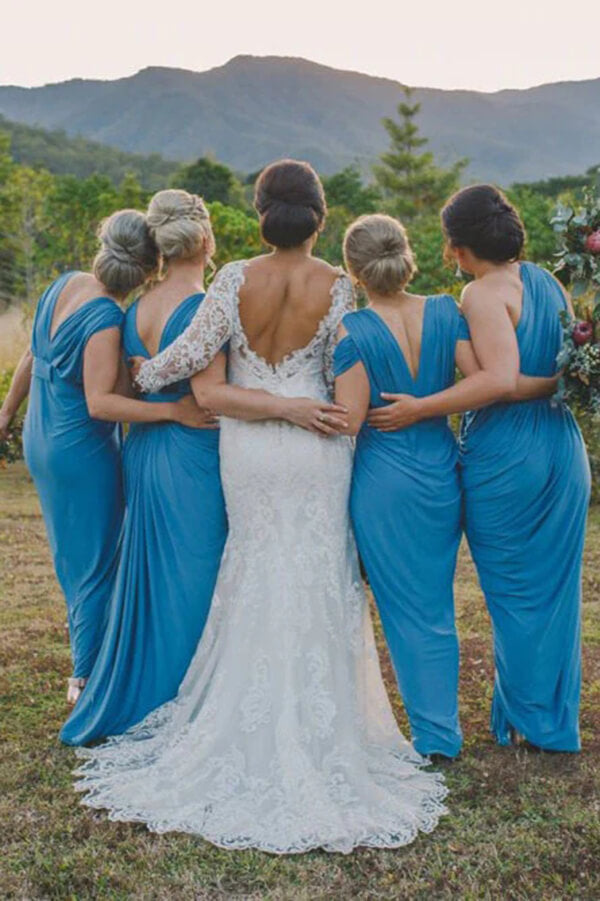 Blue Ruched Sheath V Neck Cold Shoulder Cheap Long Bridesmaid Dresses, PB145 | blue bridesmaid dresses | cheap bridesmaid dresses | chiffon bridesmaid dresses | promnova.com
