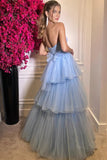 Blue Tiered Tulle A Line Sweetheart Neck Long Prom Dresses, Evening Dress, PL541 | evening gown | prom dress for teens | party dress | promnova.com
