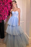 Blue Tiered Tulle A Line Sweetheart Neck Long Prom Dresses, Evening Dress, PL541