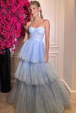 Blue Tiered Tulle A Line Sweetheart Neck Long Prom Dresses, Evening Dress, PL541 | blue prom dresses | tulle prom dress | cheap long prom dresses | promnova.com